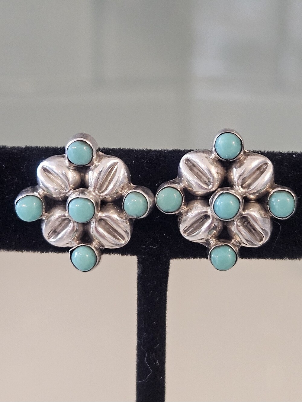 Vintage Taxco VCC Turquoise Floral Sterling Silver Stud Screw Back Earrings